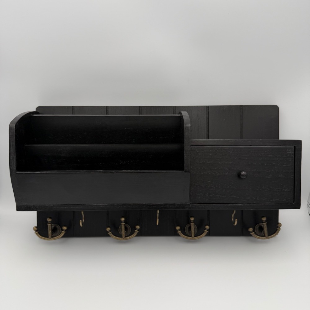 Rebee Vision 16" Key and Mail Holder Wall Mount Black Wood 7 Hooks Drawer NEW